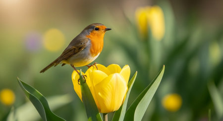 European Robin perched on a bright yellow tulip flowerの写真素材