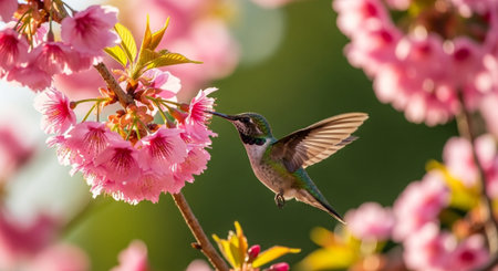 Hummingbird feeding from cherry blossom branch in springtime sunlightの写真素材