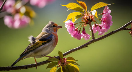 Elegant bird perched on cherry blossom branch, spring season
