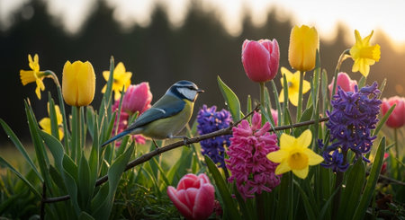 Eurasian blue tit perched amid vibrant spring flowers at sunriseの写真素材