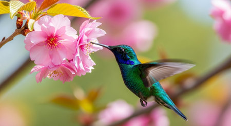Hummingbird feeding on pink cherry blossom flower nectar