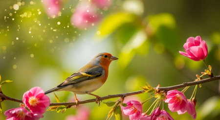 Spring Finch bird perched on cherry blossom branch