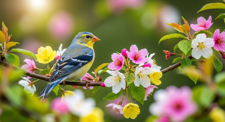 American Goldfinch perched amongst colorful blossoms on flowering branchの写真素材