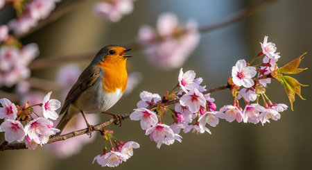 European robin perched among pink cherry blossoms in springtimeの写真素材