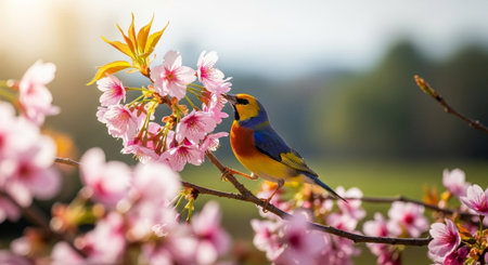 Vibrant bird perched on cherry blossom branch in springの写真素材