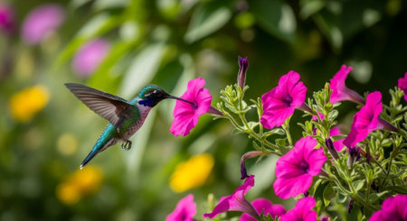 Hummingbird feeding on vibrant pink petunias in lush gardenの写真素材