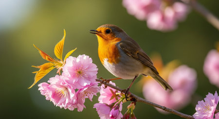 Robin bird perched on a flowering cherry blossom branch
