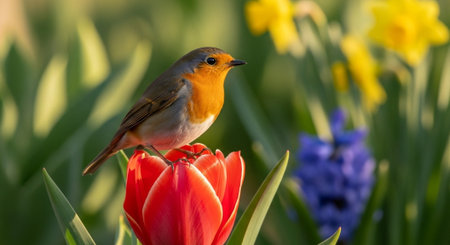 Robin bird perched atop a vibrant red tulip flowerの写真素材