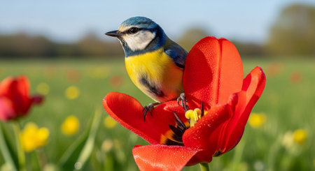 Eurasian blue tit perched on red tulip in vibrant fieldの写真素材