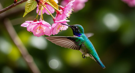 Hummingbird drinks nectar from pink cherry blossom flower