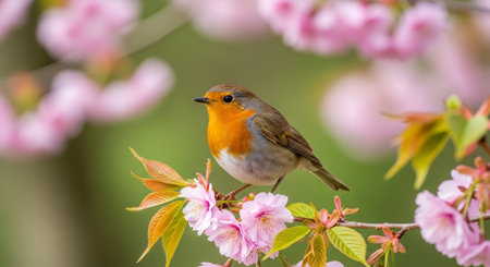 European Robin perched on cherry blossom branch in spring