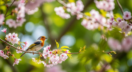 Bird perched on flowering cherry blossom branch in springtime