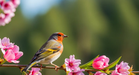 Colorful bird perched on a flowering branch in springの写真素材