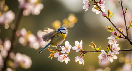 Eurasian blue tit perched among flowering blossoms in spring