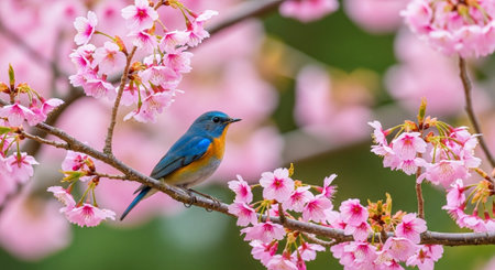 Vibrant bird perched amidst delicate cherry blossom branchesの写真素材