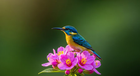 Vibrant bird perched atop blooming pink tropical flowers