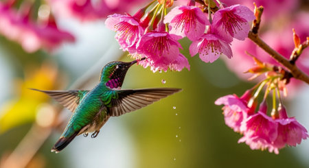 Hummingbird sips nectar from pink cherry blossom petalsの写真素材