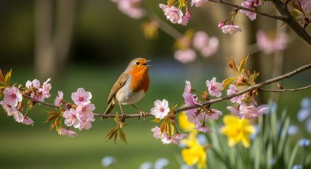 Robin perched among pink cherry blossoms in spring sunlightの写真素材