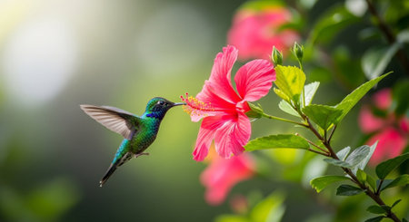 Hummingbird feeding on a bright pink hibiscus flower