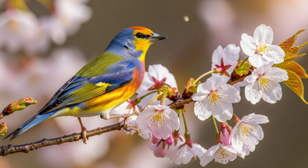Vibrant bird perched on cherry blossom branch in springtime