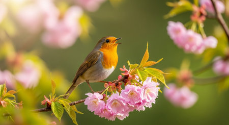 Robin singing sweetly in flowering cherry tree in springtimeの写真素材