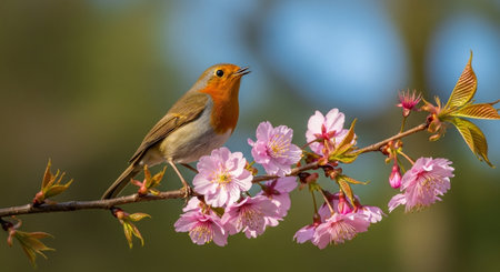 European Robin perched on a blossoming cherry tree branch