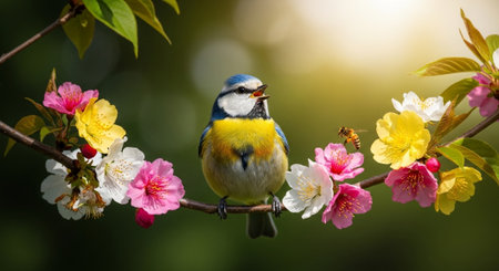 Eurasian Blue Tit perched on a branch with colorful blossomsの写真素材