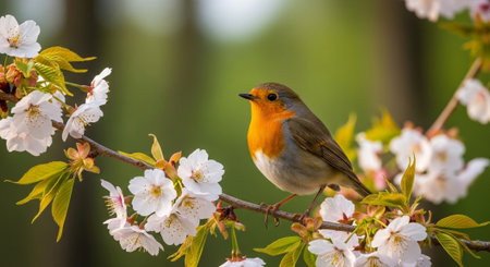 European robin perched on a flowering cherry blossom branch