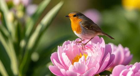 Robin perched on a peony flower in a gardenの写真素材