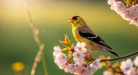 American Goldfinch perched on a blossoming cherry tree branchの写真素材