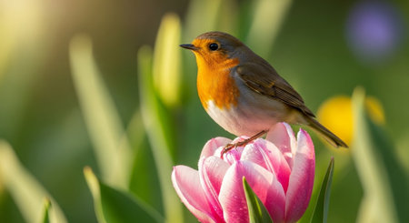 European robin perched gracefully on vibrant pink tulip bloom