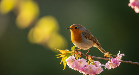 European Robin perched on blossoming branch against blurry background