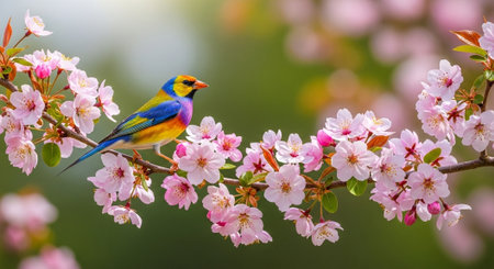 Colorful bird perched on blossoming cherry tree branchの写真素材