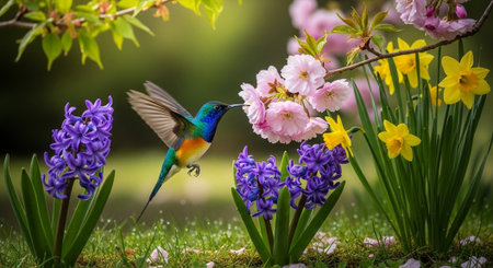 Colorful hummingbird drinks nectar from cherry blossom flowers in garden