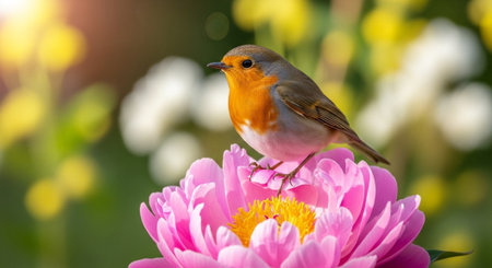 Robin bird perched on a vibrant pink peony blossomの写真素材