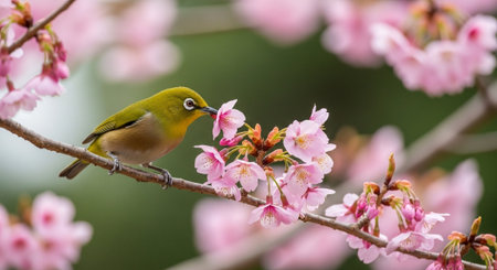 Japanese White-eye bird perched among blooming cherry blossomsの写真素材