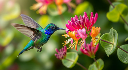 Vibrant hummingbird reaching for nectar on honeysuckle flowerの写真素材