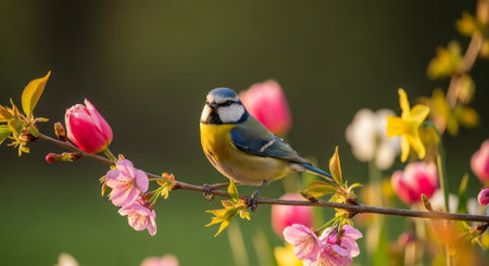Blue Tit Perched on Flowering Branch in Springtime Gardenの写真素材