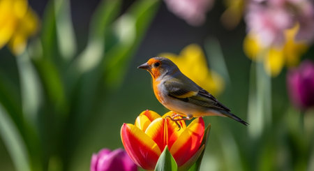 Robin perched on vibrant tulip against blurred floral backgroundの写真素材
