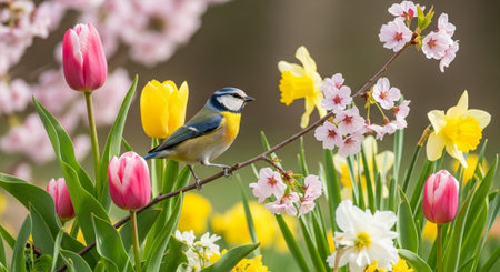 Spring bird amid vibrant tulips and blossoming cherry branchesの写真素材