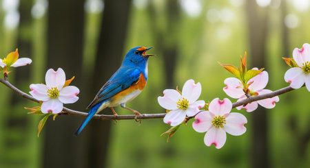 Vibrant bluebird perched on flowering dogwood branch in springの写真素材
