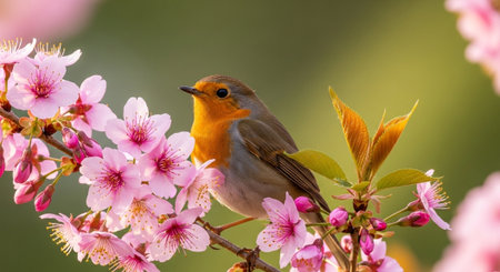 European robin perched among pink cherry blossom flowers in spring