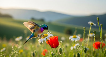 Vibrant hummingbird feeding on a daisy in a meadowの写真素材