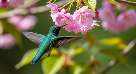 Hummingbird in flight feeding from bright pink cherry blossoms