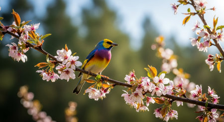 Colorful bird resting on a flowering branch in springの写真素材