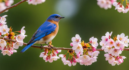 Eastern bluebird perched among blooming cherry blossom branches outdoorsの写真素材