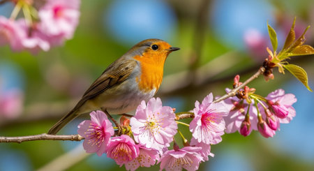 Robin perched amongst cherry blossoms on a sunny spring day