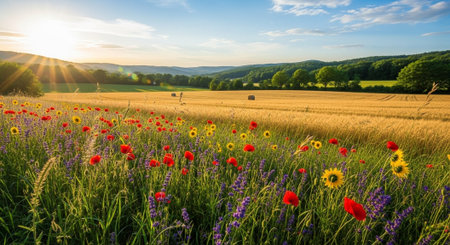 Scenic summer field with wildflowers and golden wheat