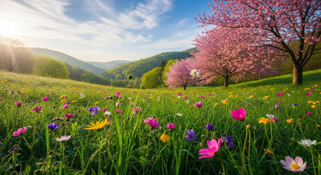 Blooming meadow with colorful wildflowers and flowering cherry treesの写真素材