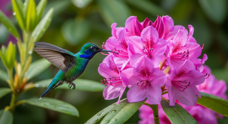 Hummingbird hovering near vibrant pink rhododendron flower blossoms outdoors